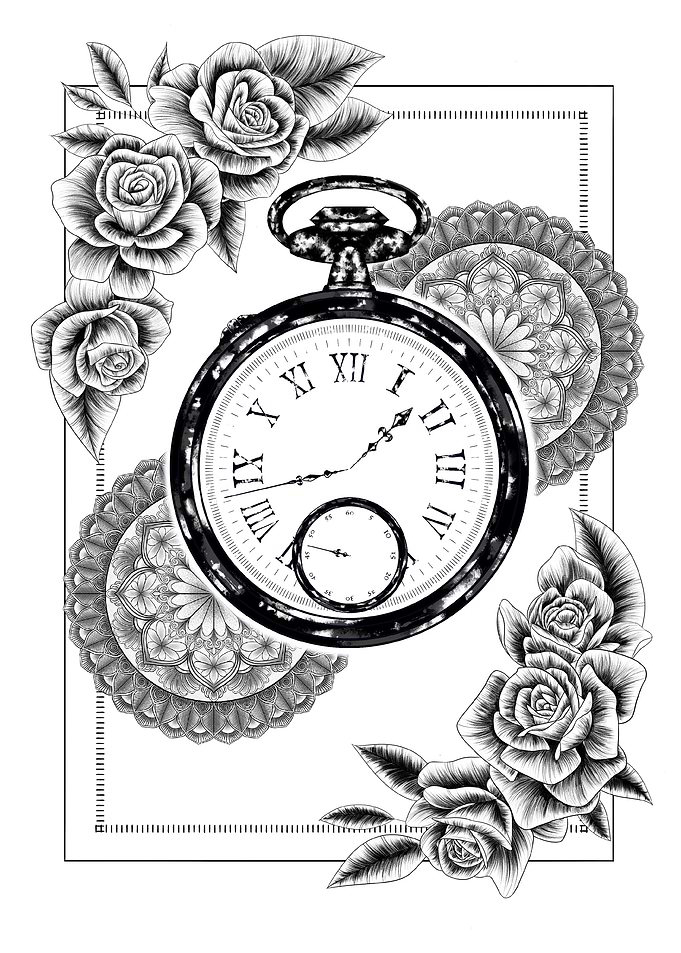 Vintage Pocket Watch and Rose Illustration