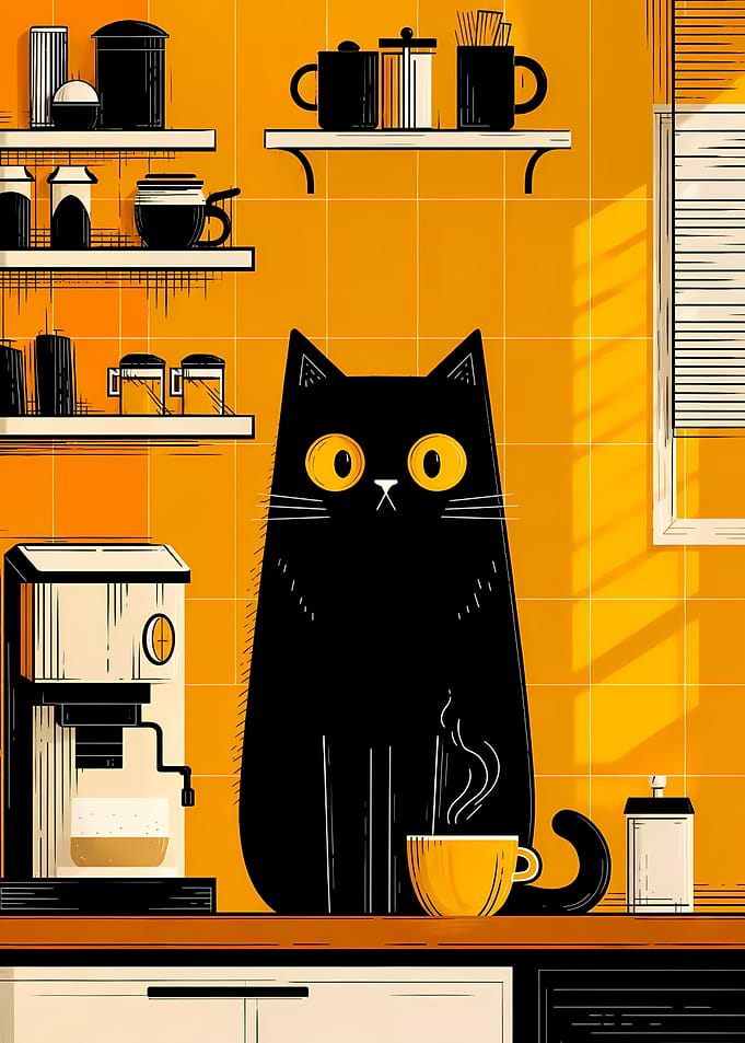 Black Cat with Morning Coffee