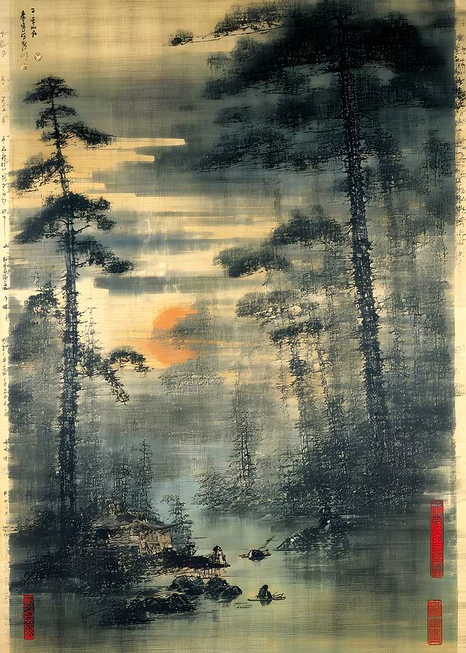 Traditional Japanese Ink Wash Landscape Painting
