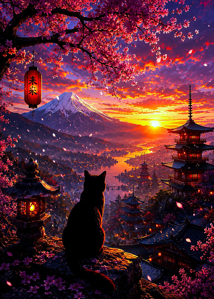 Cat Watching Sunset Over Mount Fuji