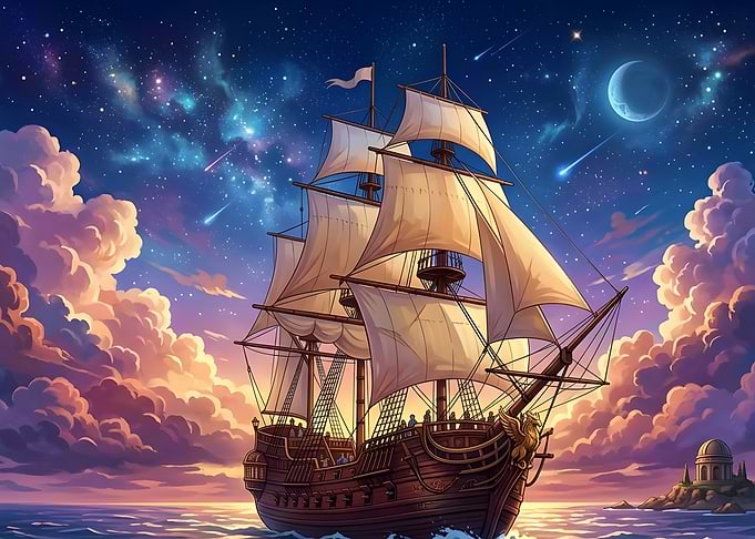 Majestic Galleon Sailing Under Starry Skies