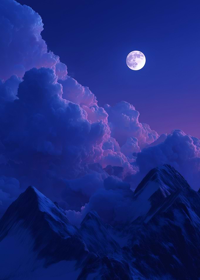 Full Moon Over Snowy Mountains