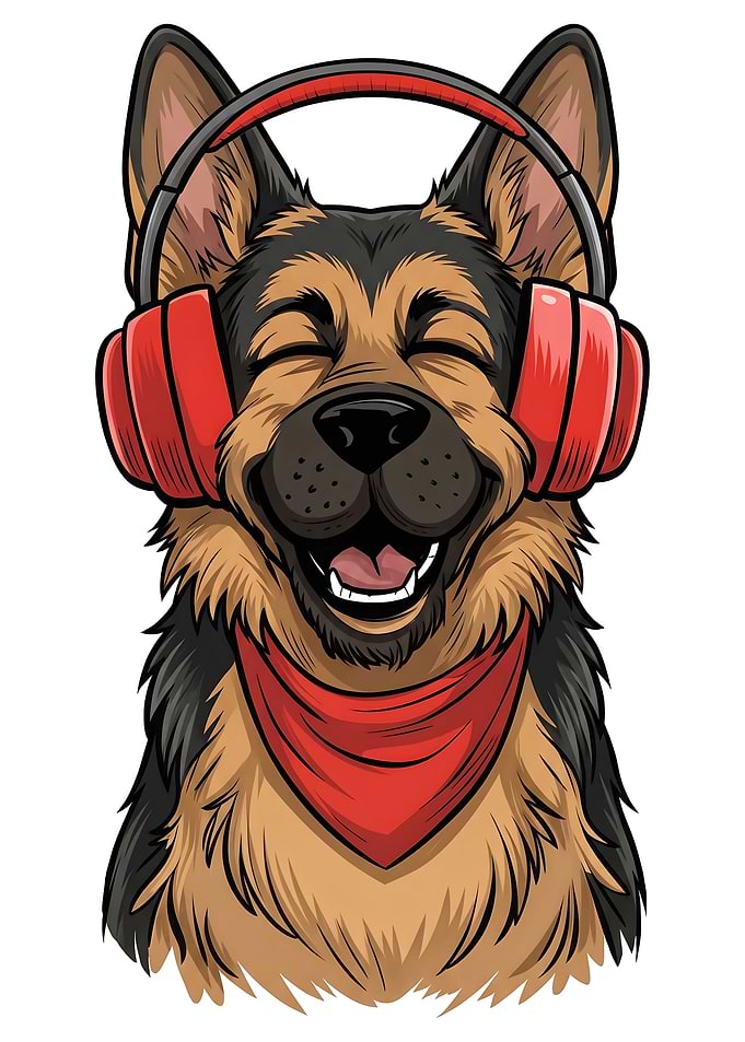 Cute German Shepherd with Headphones - Happy Music Loving Dog Gift