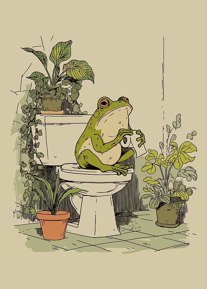 Funny Frog Bathroom Wall Art Print | Whimsical Botanical Animal Poster
