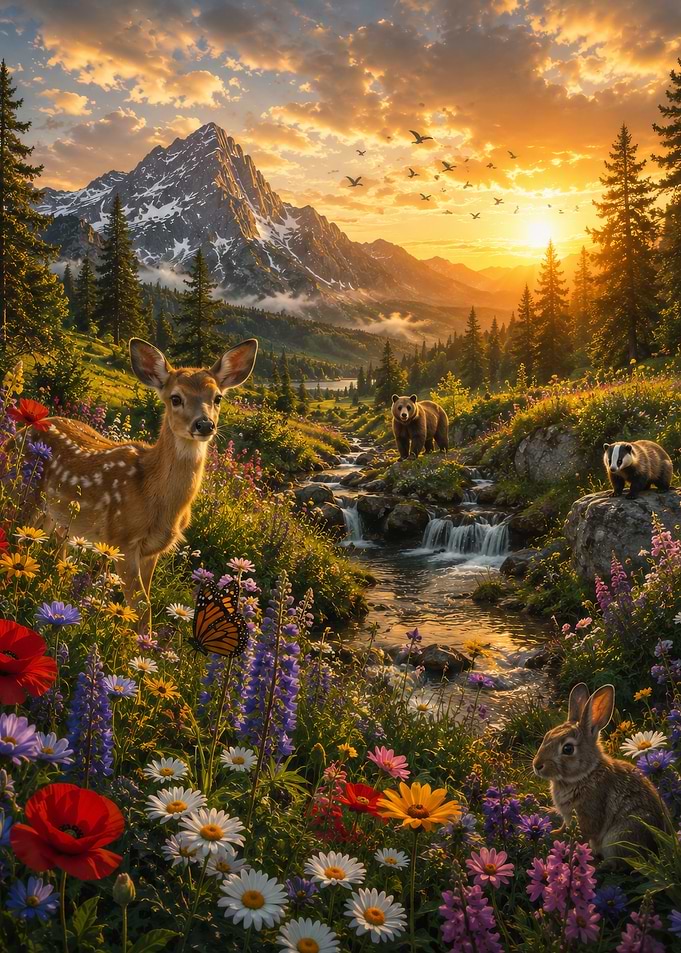 Enchanted Forest Wildlife at Sunset