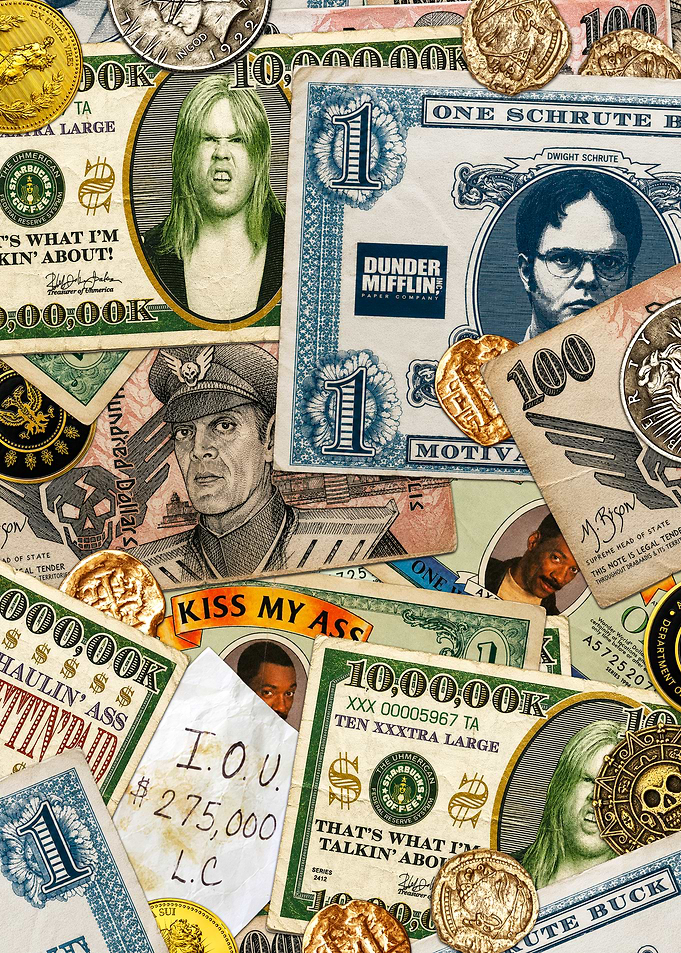 Collage of Fictional Currency and Characters