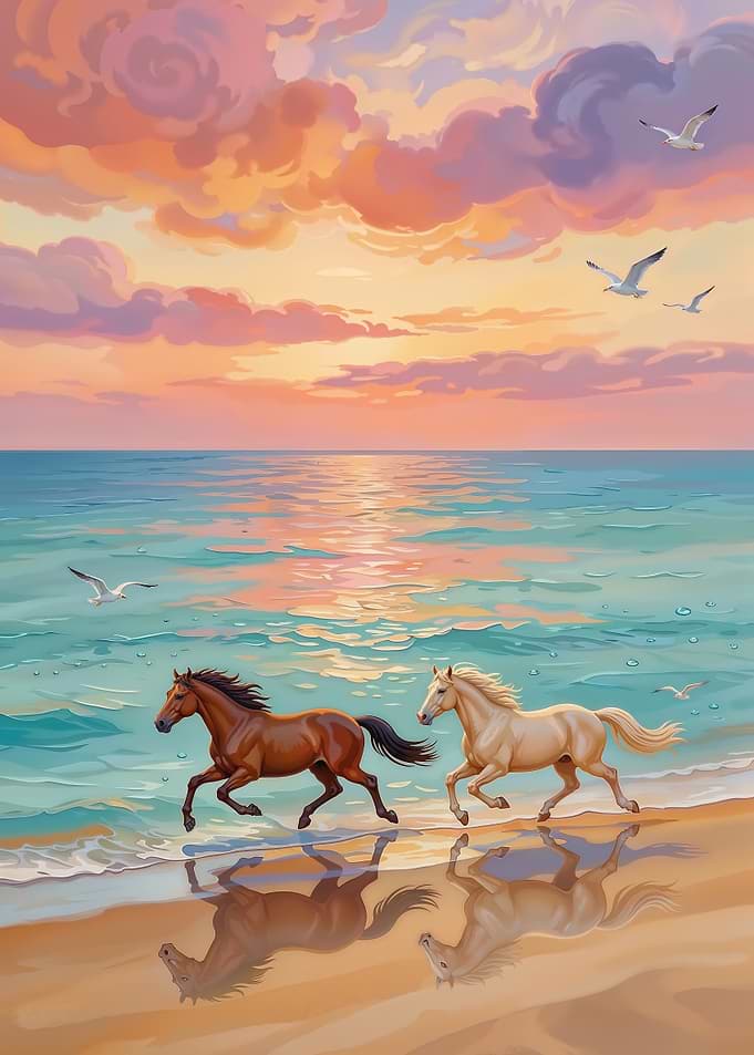Two Horses Running on Beach