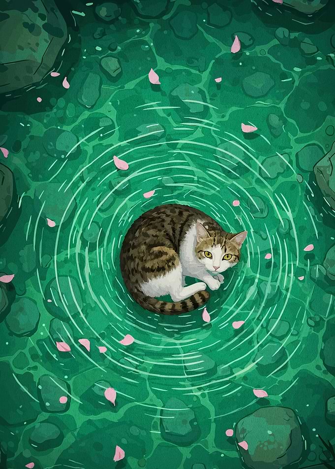 Cat Floating in Emerald Water