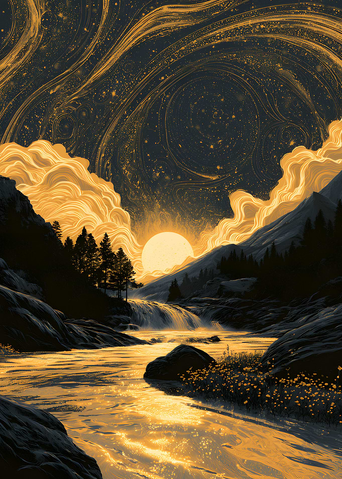 Golden Sunset Over Mountain River
