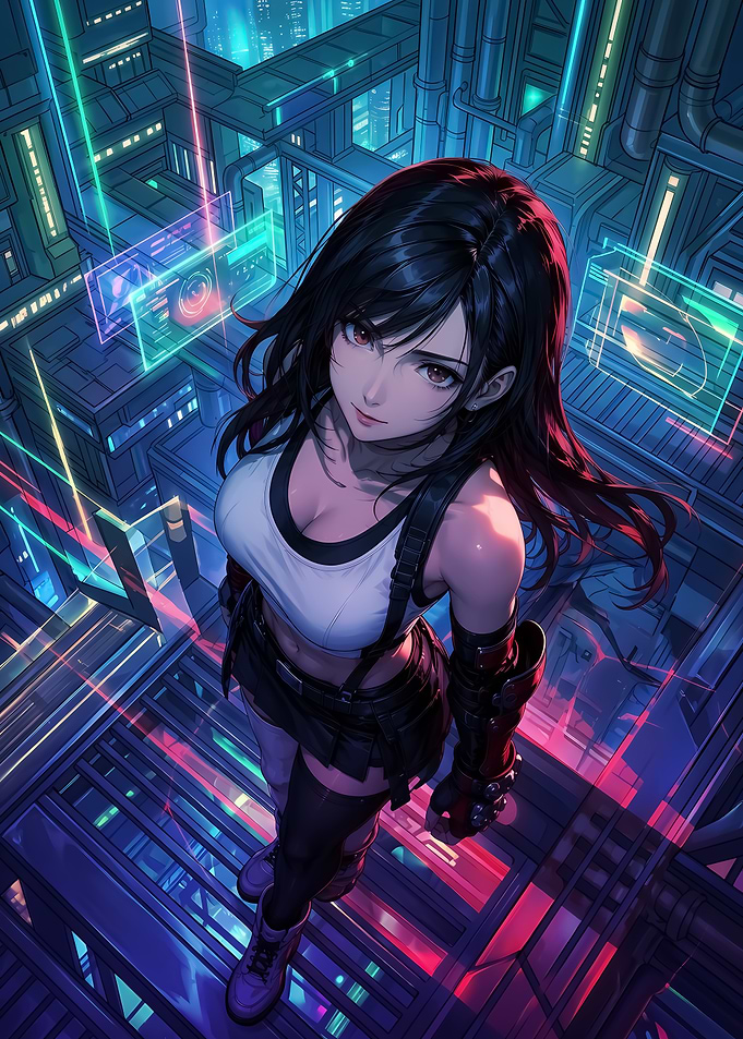 Tifa Lockhart in Cyberpunk Cityscape