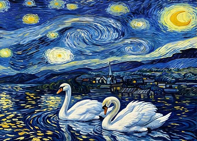 Swans in Starry Night Style
