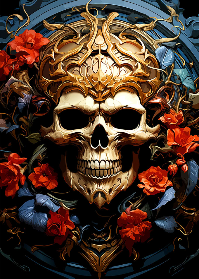 Ornate Golden Skull with Red Roses
