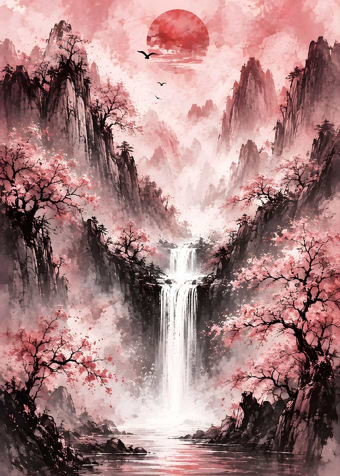 Pink Cherry Blossom Waterfall Landscape