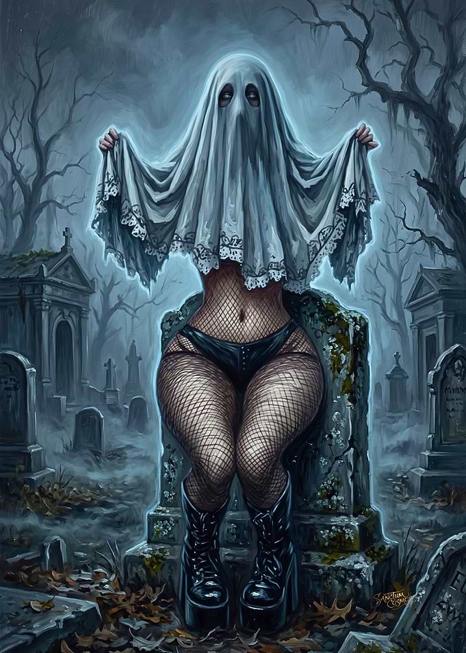 Gothic Ghost Pin-up Girl in Foggy Graveyard