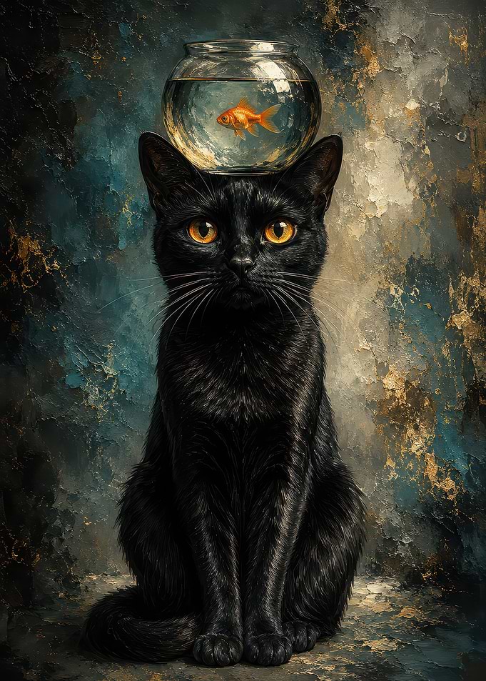 Black Cat with Goldfish Bowl