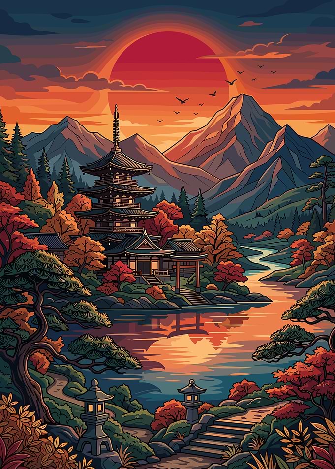 Japanese Pagoda at Sunset Landscape