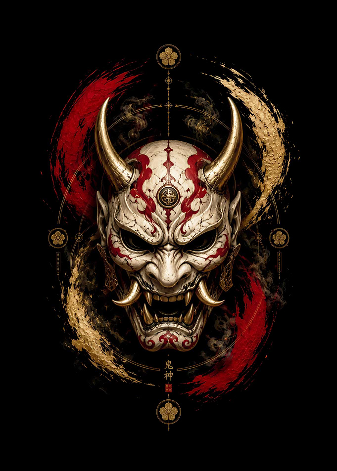 Traditional Japanese Oni Mask Illustration