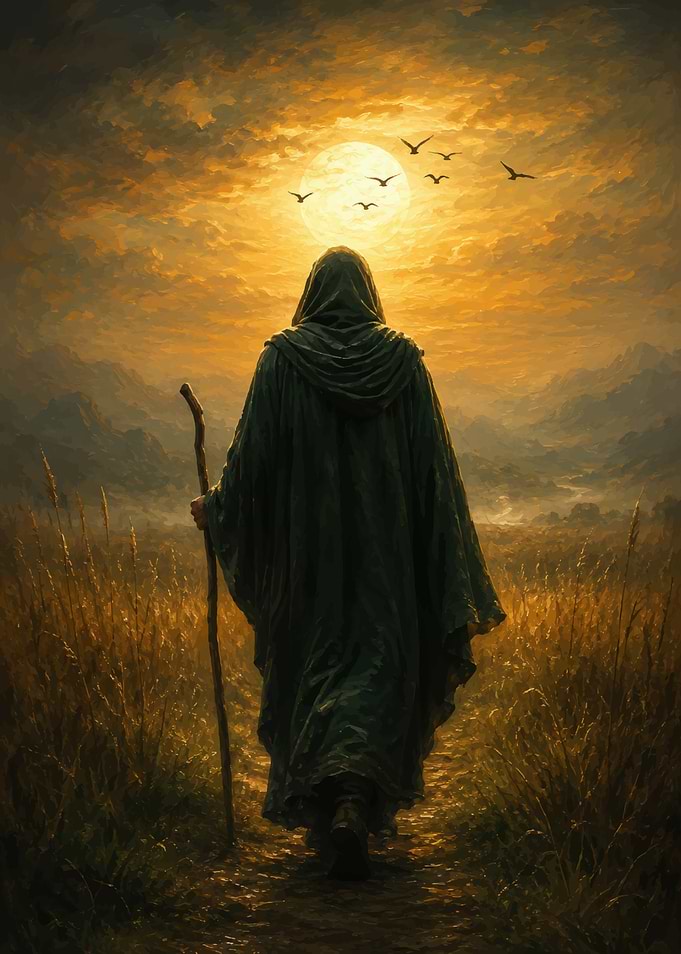Lone Traveler Walking Toward Sunset