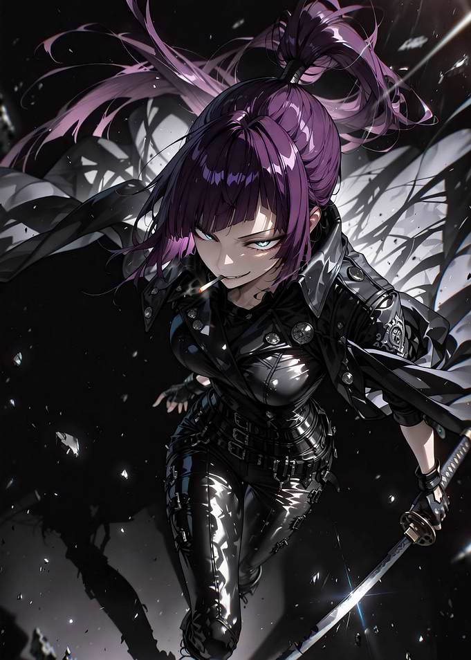 Purple-Haired Anime Warrior in Leather