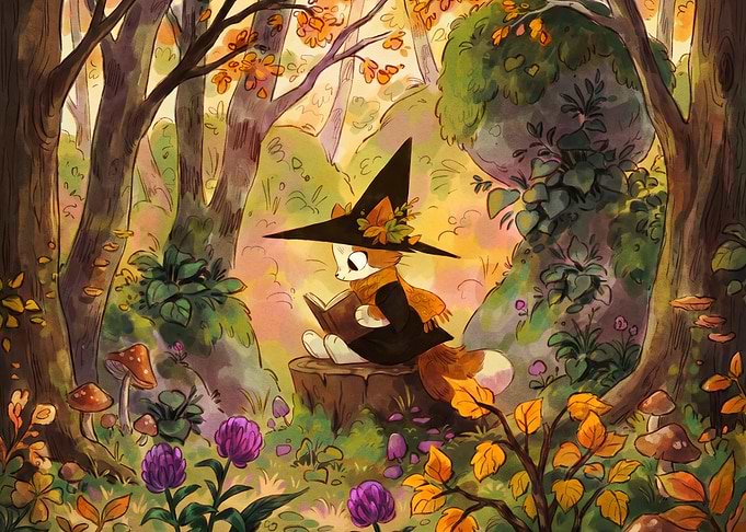 Cute Witch Cat Reading in Forest
