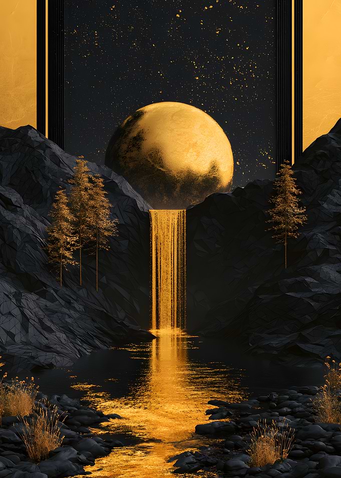 Golden Waterfall and Moon Landscape