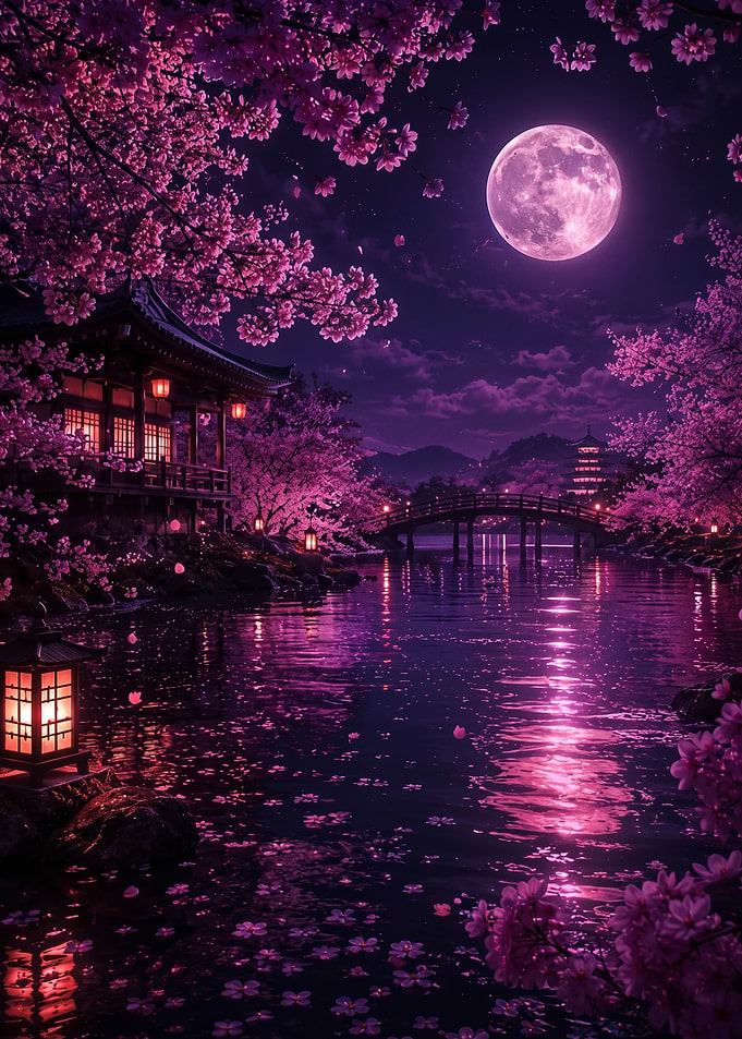 Enchanting Nighttime Cherry Blossom Garden