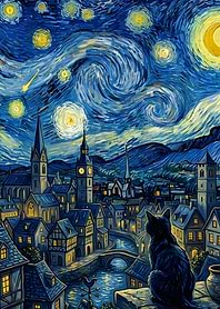Cat Watching Starry Night Cityscape