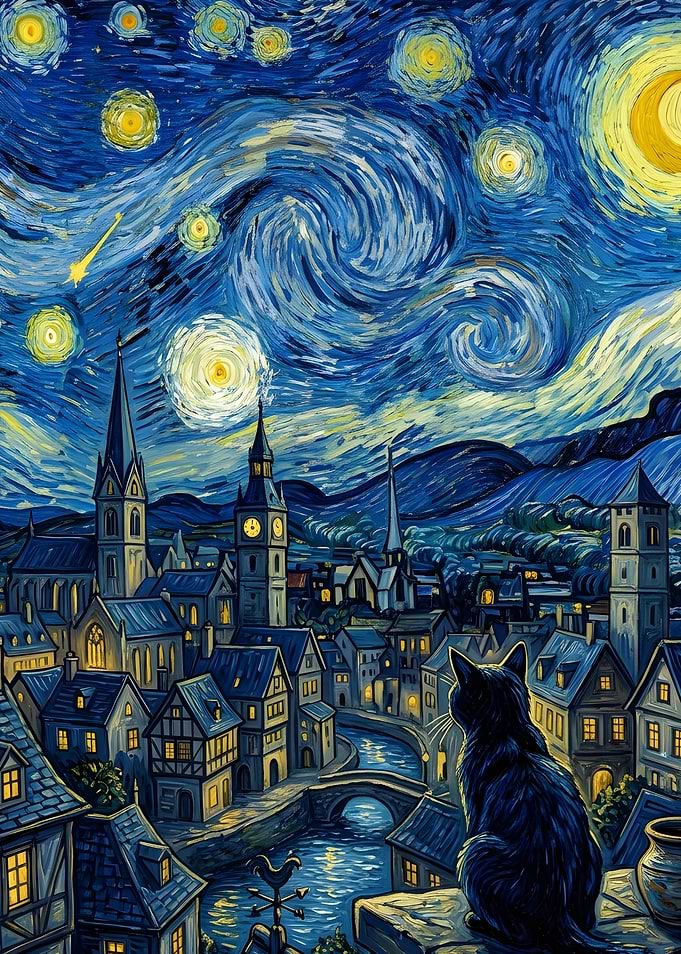 Cat Watching Starry Night Cityscape