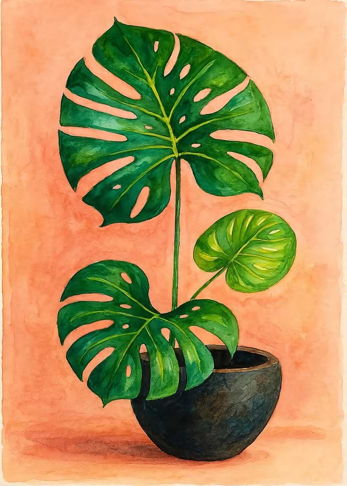 Watercolor Monstera Plant in Pot