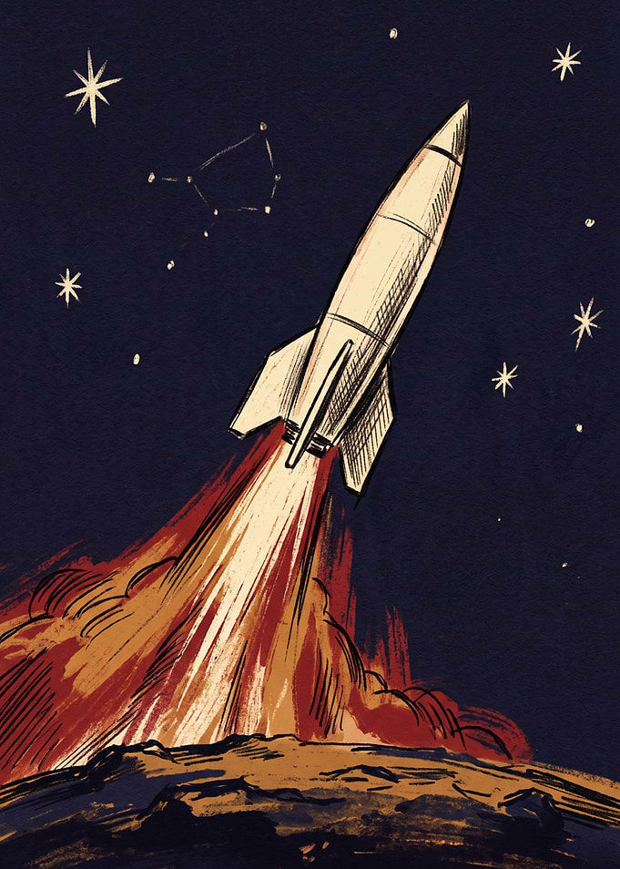 Vintage Rocket Launching Into Space