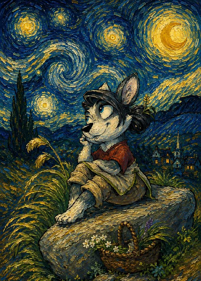 Anthropomorphic Wolf in Starry Night Style