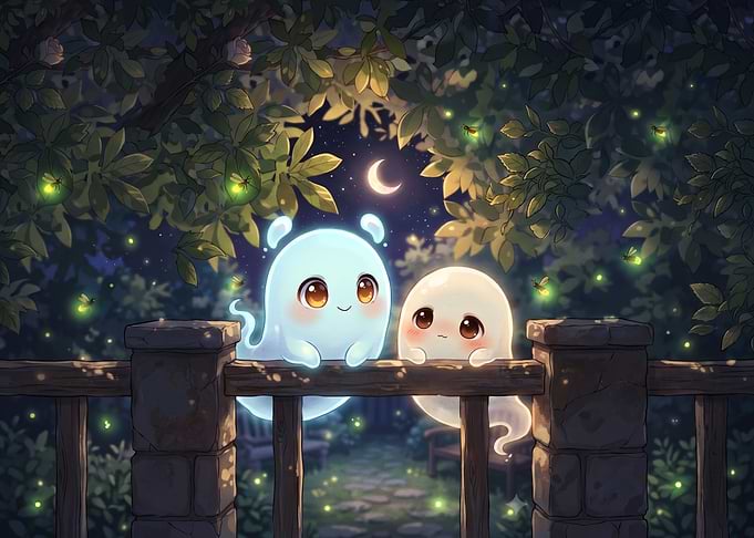 Two Cute Glowing Ghosts at Night