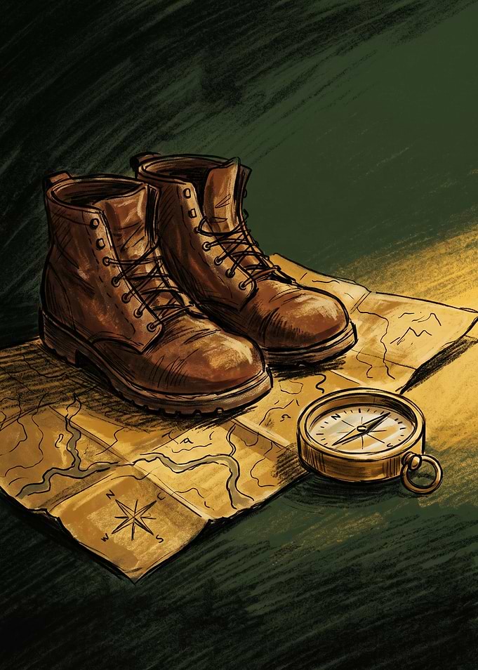 Hiking Boots and Compass on Map