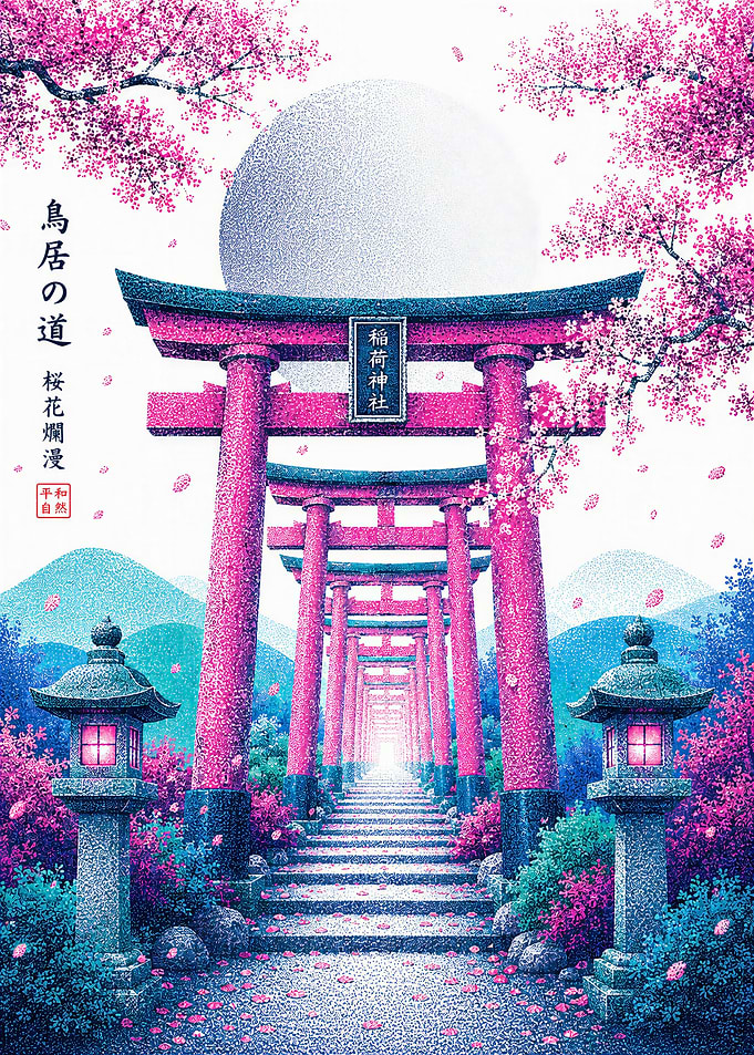 Torii Gate Path with Cherry Blossoms