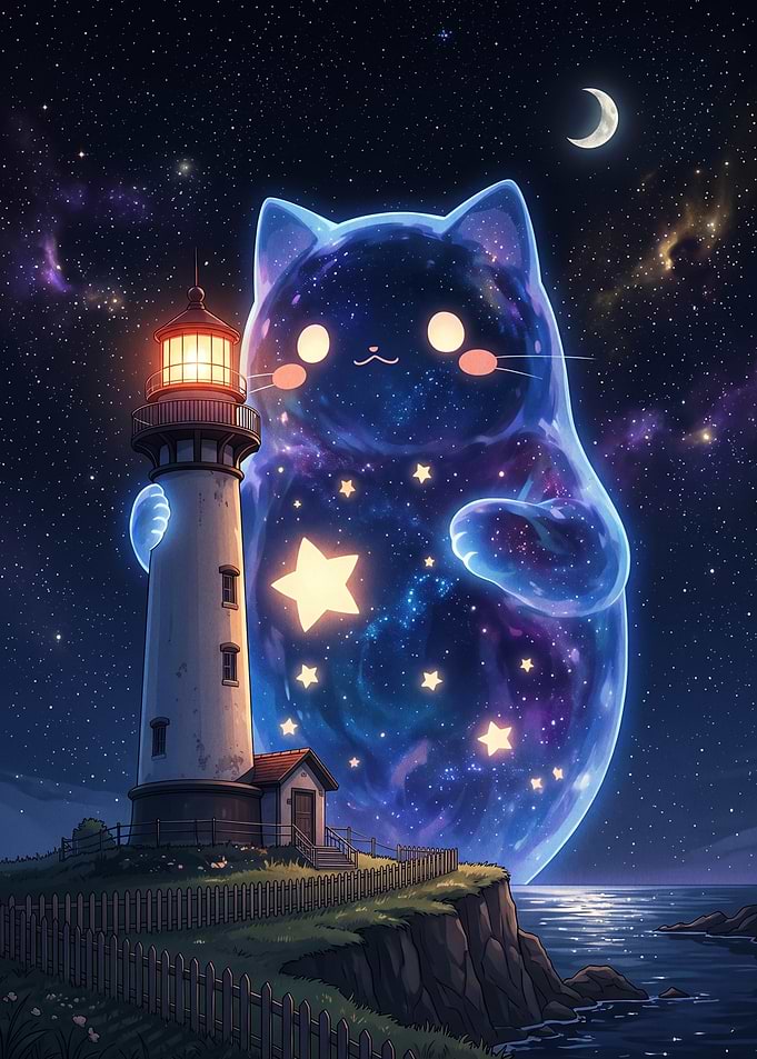 Cosmic Cat Hugging a Lighthouse