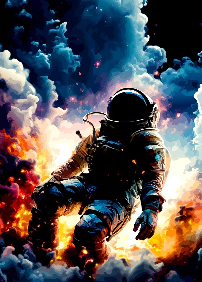 Astronaut Floating Amidst Fiery Clouds