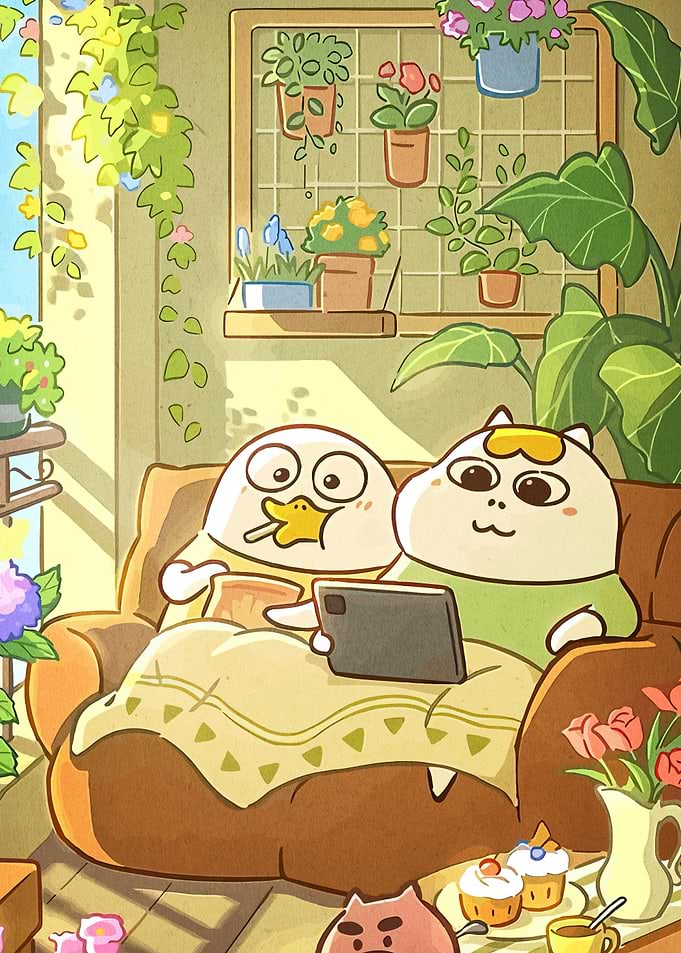 Cute Cartoon Characters Relaxing at Home