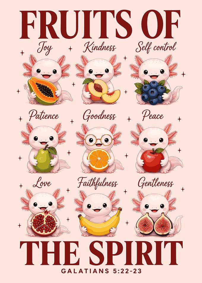 Cute Axolotl Fruits of Virtue Poster | Whimsical Kawaii Animal Wall Art