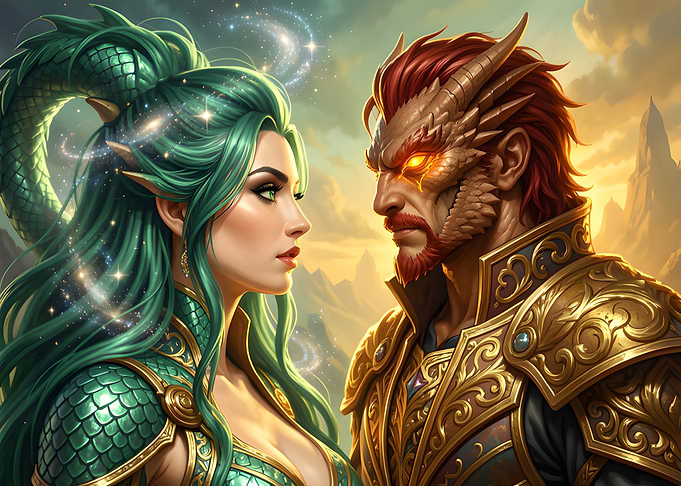 Fantasy Dragon Couple Facing Each Other