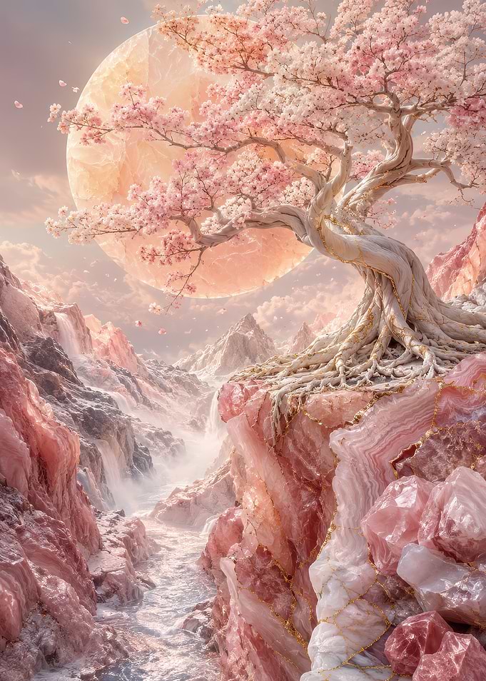 Ethereal Cherry Blossom Crystal Landscape