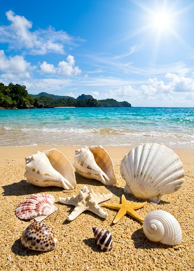 Seashells and Starfish on Tropical Sea Beach