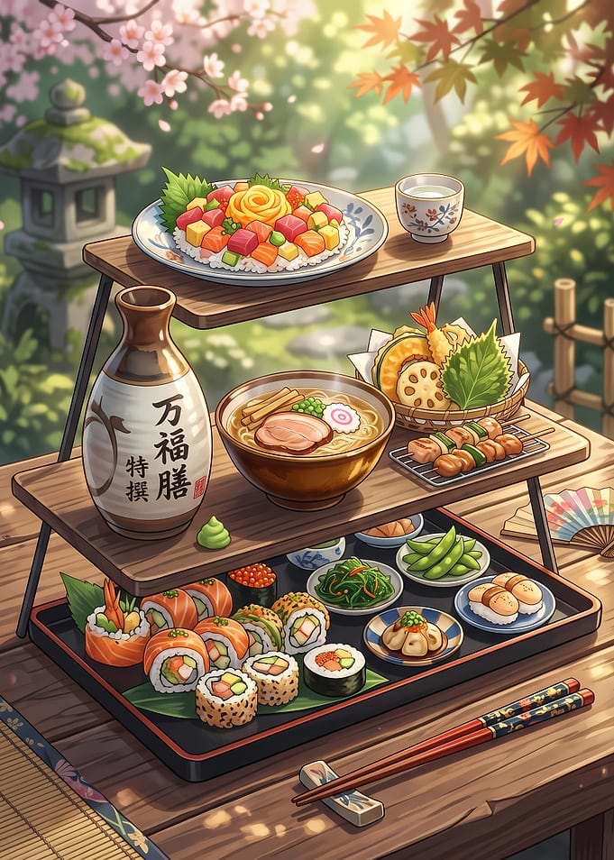 Traditional Japanese Feast Picnic Setting