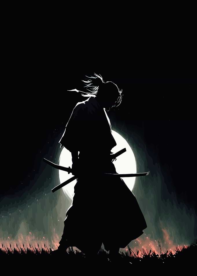 Samurai Silhouette Under Full Moon
