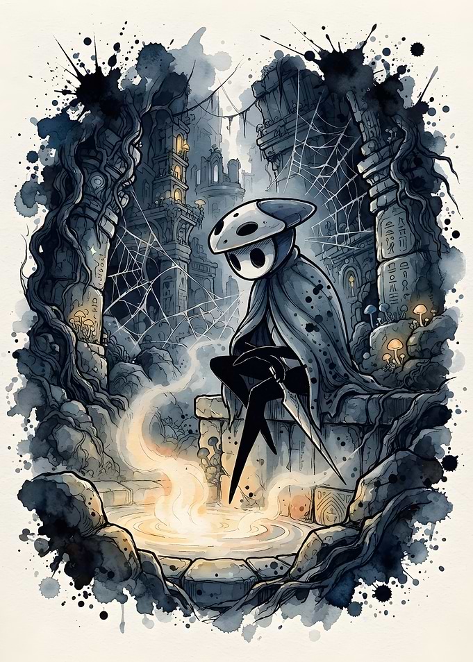 Hollow Knight Resting by Glowing Pool
