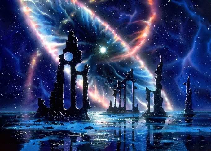 Cosmic Ruins Under Nebula Sky
