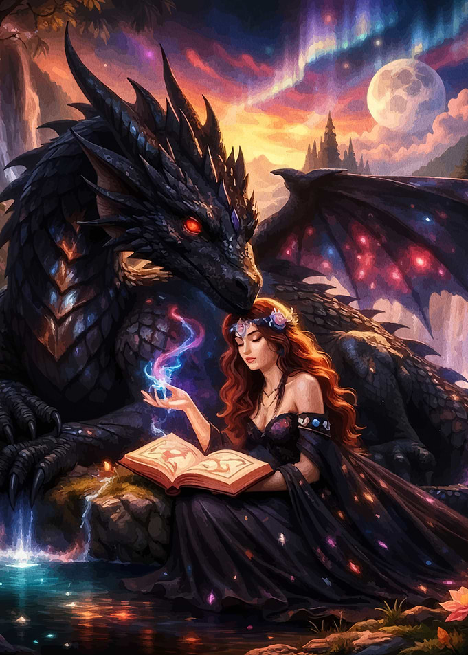 Enchanting Sorceress and Her Dragon Companion