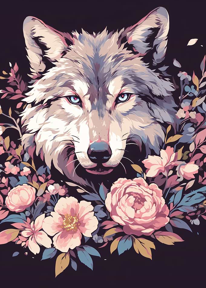 Wolf Portrait Surrounded by Floral Blooms