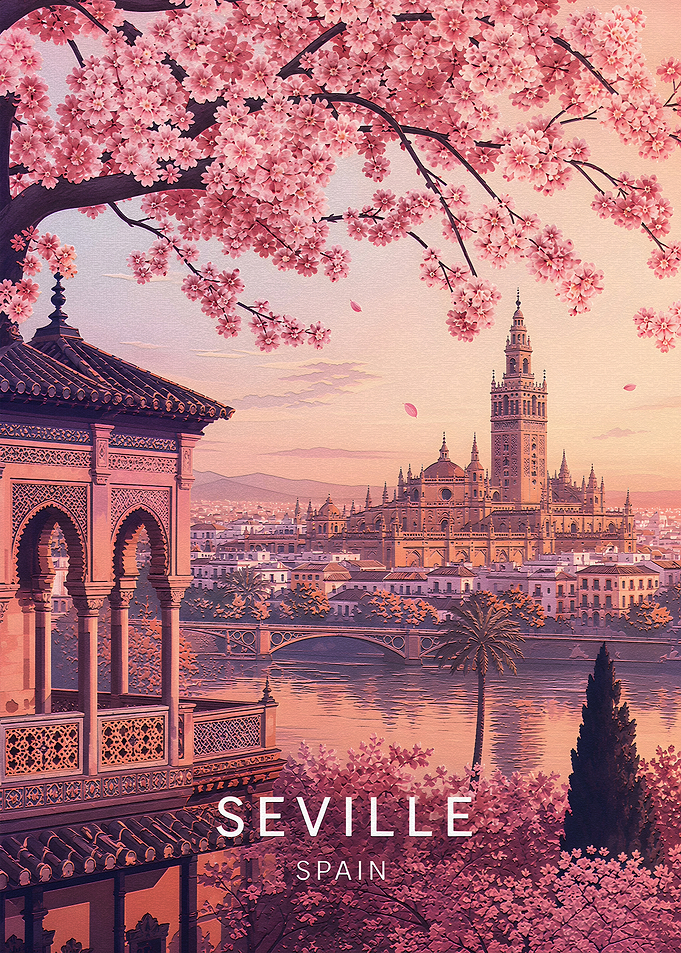 Seville Spain Cherry Blossom Travel Poster