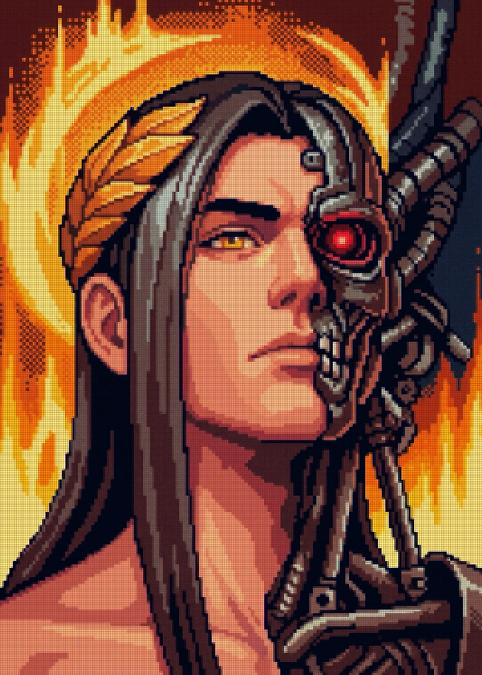 Cyborg God Pixel Art Portrait