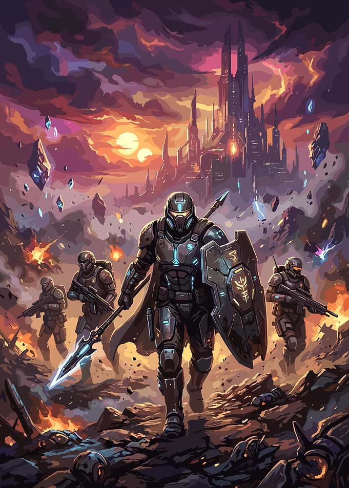 Futuristic Soldiers Advancing on Alien World